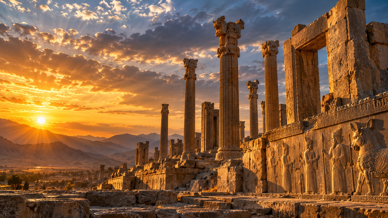 AI-generated artistic interpretation inspired by Persepolis: stone columns and carved reliefs in golden evening light.