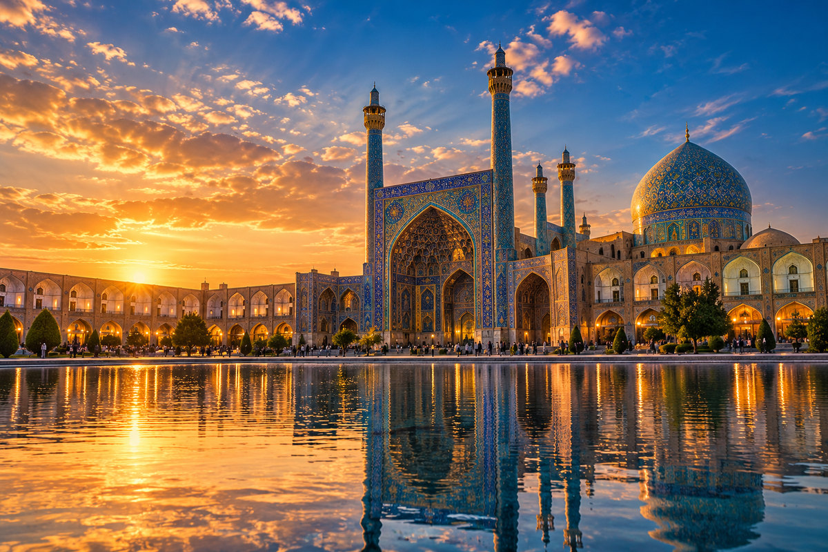 AI-generated artistic interpretation of Isfahan's blue-tiled architecture beside a reflective pool.