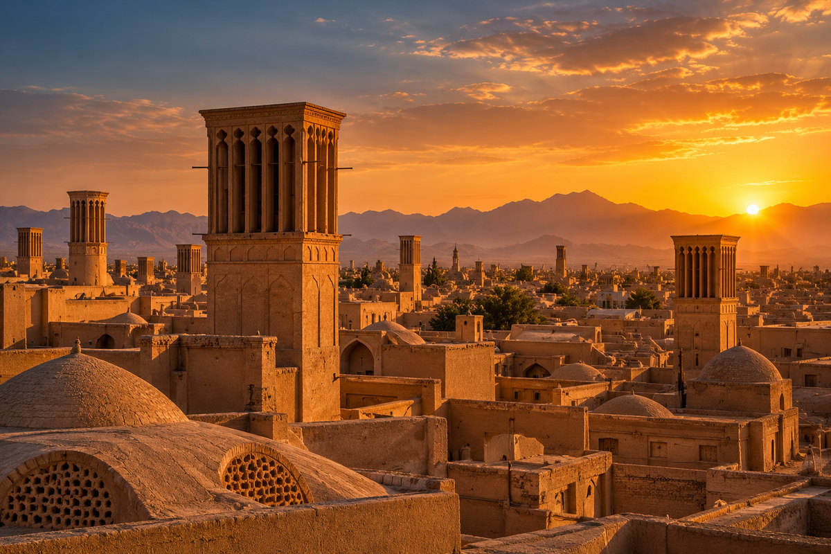 AI-generated artistic interpretation of Yazd's adobe rooftops and tall windcatchers at sunset.